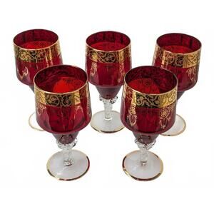 Murano Italy Venetian Ruby Glass 24K Gold Gilt Goblet 5x Set